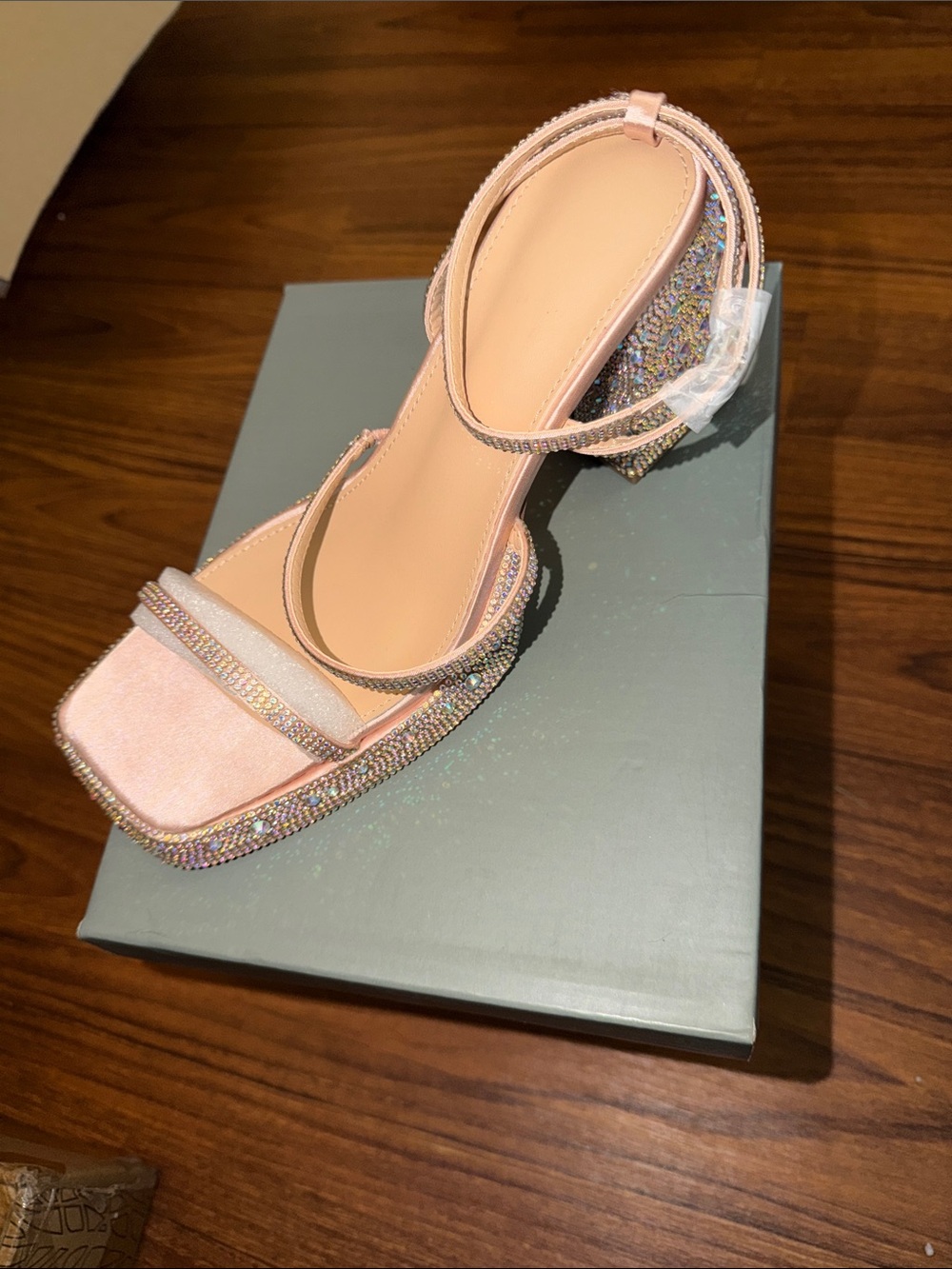 Embellished Pink Block Heel Sandal with Ankle Strap